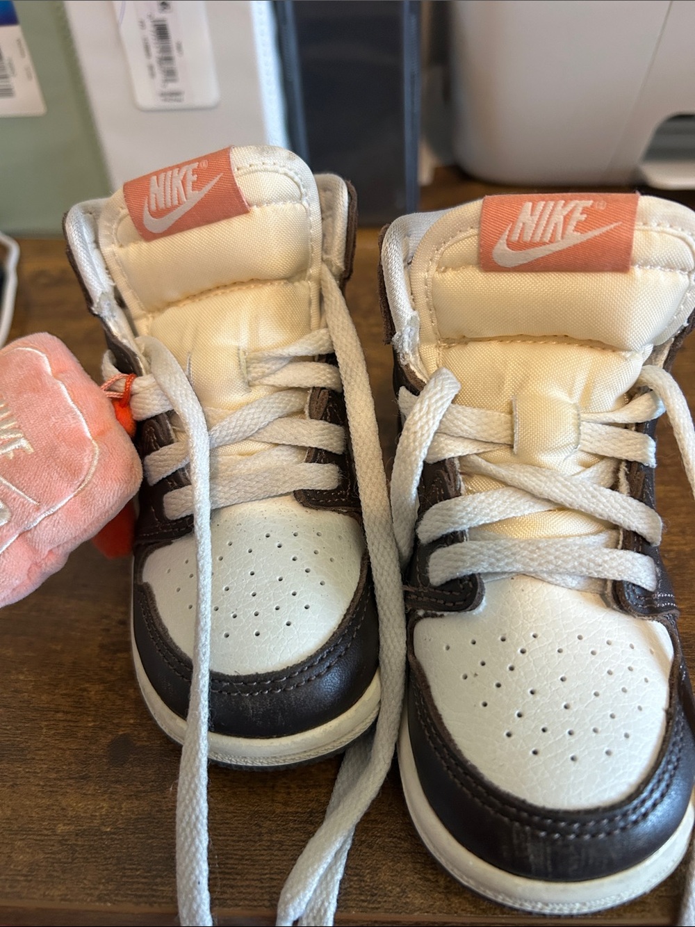 Nike Kids White and Brown High-Top Sneakers with Pink Logo Tabs